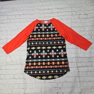 LulaRoe Scoop Neck Top 3/4 Sleeves Aztec Woman Top Size Medium Multi-Color